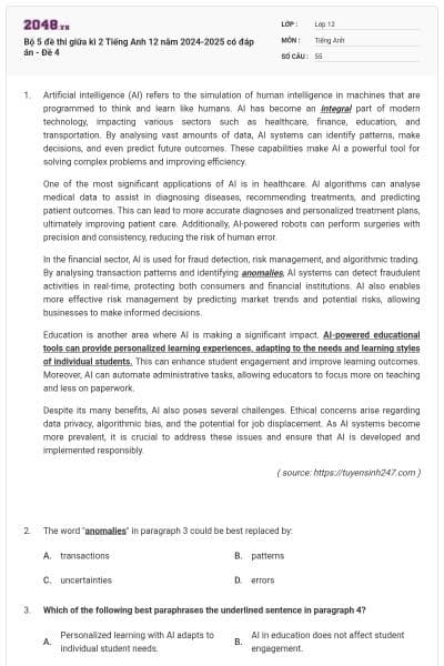 Bộ 5 đề thi giữa kì 2 Tiếng Anh 12 năm 2024-2025 có đáp án - Đề 4