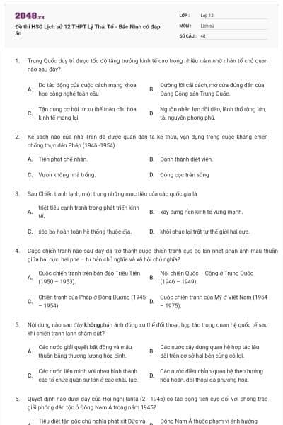 Đề thi HSG Lịch sử 12 THPT Lý Thái Tổ - Bắc Ninh có đáp án