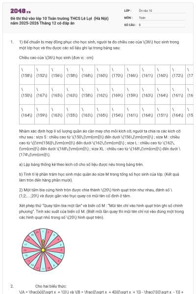 Đề thi thử vào lớp 10 Toán trường THCS Lê Lợi (Hà Nội) năm 2025-2026 Tháng 12 có đáp án