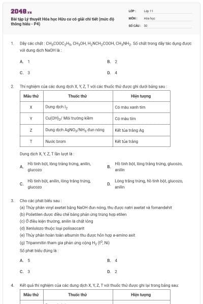 Bài tập Lý thuyết Hóa học Hữu cơ có giải chi tiết (mức độ thông hiểu - P4)
