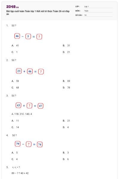 Bài tập cuối tuần Toán lớp 1 Kết nối tri thức Tuần 26 có đáp án