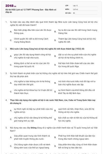 Đề thi HSG Lịch sử 12 THPT Phương Sơn - Bắc Ninh có đáp án