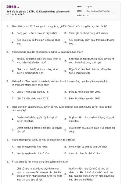 Bộ 8 đề thi giữa kì 2 KTPL 12 Kết nối tri thức cấu trúc mới có đáp án - Đề 5