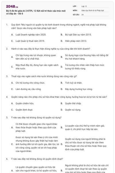 Bộ 8 đề thi giữa kì 2 KTPL 12 Kết nối tri thức cấu trúc mới có đáp án - Đề 6
