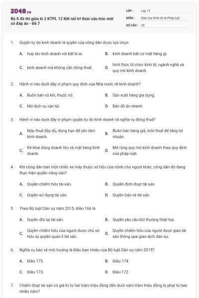 Bộ 8 đề thi giữa kì 2 KTPL 12 Kết nối tri thức cấu trúc mới có đáp án - Đề 7