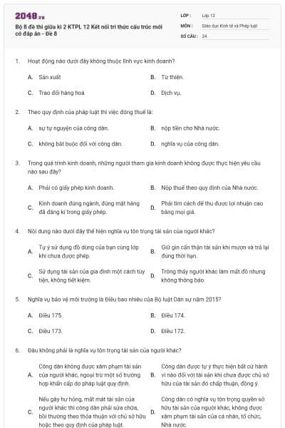 Bộ 8 đề thi giữa kì 2 KTPL 12 Kết nối tri thức cấu trúc mới có đáp án - Đề 8