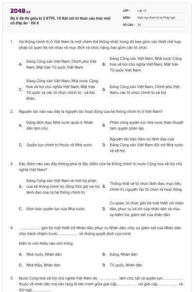 Bộ 6 đề thi giữa kì 2 KTPL 10 Kết nối tri thức cấu trúc mới có đáp án - Đề 6