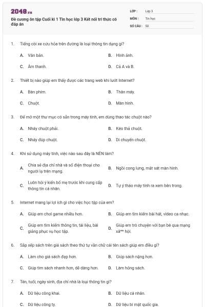 Đề cương ôn tập Cuối kì 1 Tin học lớp 3 Kết nối tri thức có đáp án