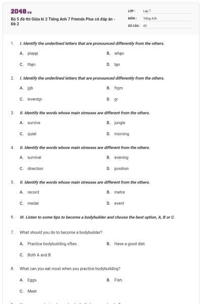 Bộ 5 đề thi Giữa kì 2 Tiếng Anh 7 Friends Plus có đáp án - Đề 2