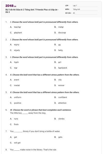 Bộ 5 đề thi Giữa kì 2 Tiếng Anh 7 Friends Plus có đáp án - Đề 3