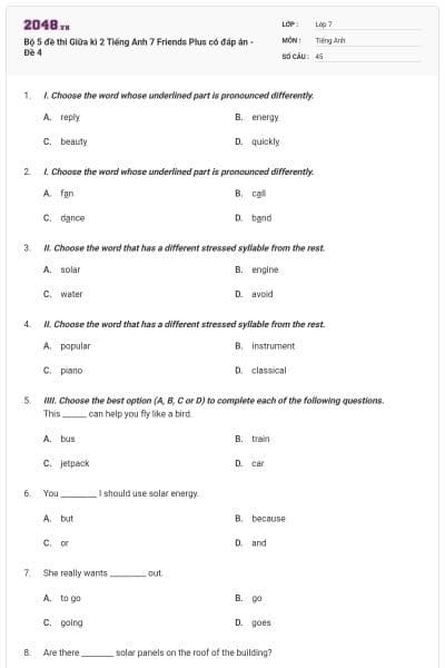 Bộ 5 đề thi Giữa kì 2 Tiếng Anh 7 Friends Plus có đáp án - Đề 4