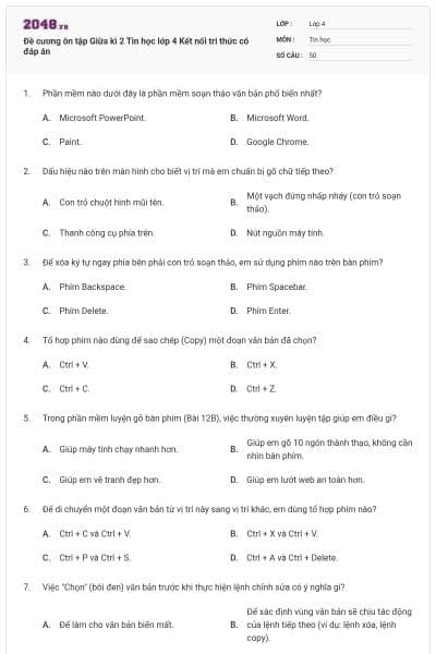 Đề cương ôn tập Giữa kì 2 Tin học lớp 4 Kết nối tri thức có đáp án