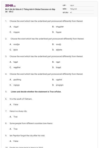Bộ 5 đề thi Giữa kì 2 Tiếng Anh 6 Global Success có đáp án - Đề 2