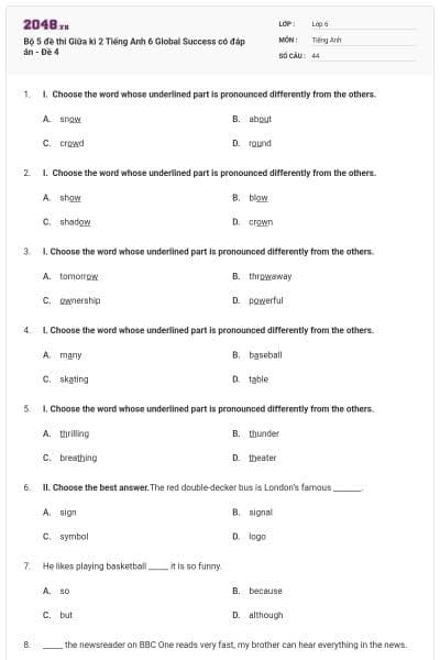 Bộ 5 đề thi Giữa kì 2 Tiếng Anh 6 Global Success có đáp án - Đề 4