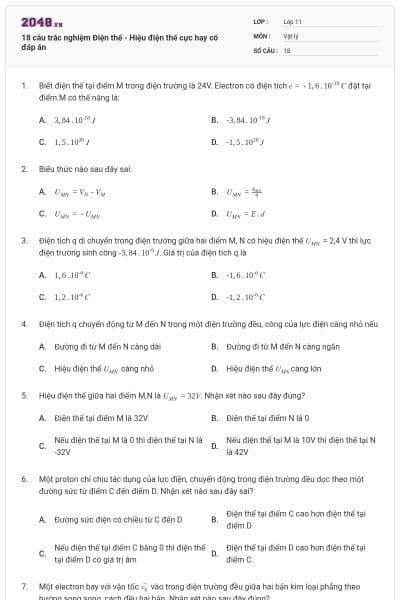 18 câu trắc nghiệm Điện thế - Hiệu điện thế cực hay có đáp án