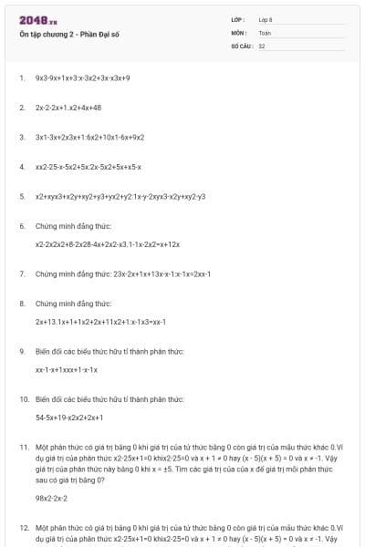 Ôn tập chương 2 - Phần Đại số