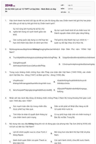 Đề thi HSG Lịch sử 12 THPT Lê Quý Đôn - Ninh Bình có đáp án