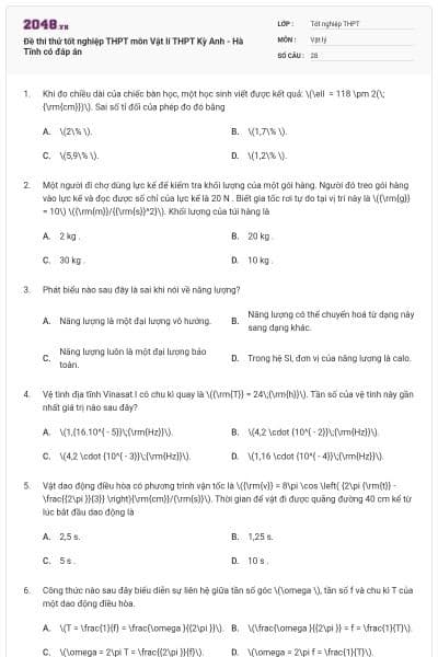 Đề thi thử tốt nghiệp THPT môn Vật lí THPT Kỳ Anh - Hà Tĩnh có đáp án