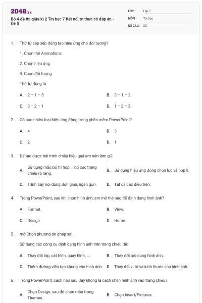 Bộ 4 đề thi giữa kì 2 Tin học 7 Kết nối tri thức có đáp án - Đề 3