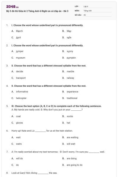 Bộ 5 đề thi Giữa kì 2 Tiếng Anh 6 Right on có đáp án - Đề 3