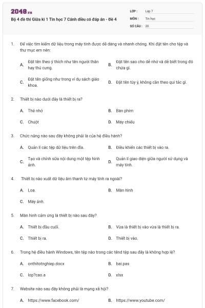 Bộ 4 đề thi Giữa kì 1 Tin học 7 Cánh diều có đáp án - Đề 4