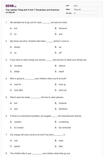 Trắc nghiệm Tiếng Anh 9 Unit 7 Vocabulary and Grammar có đáp án