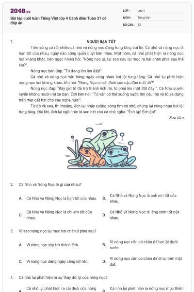 Bài tập cuối tuần Tiếng Việt lớp 4 Cánh diều Tuần 31 có đáp án