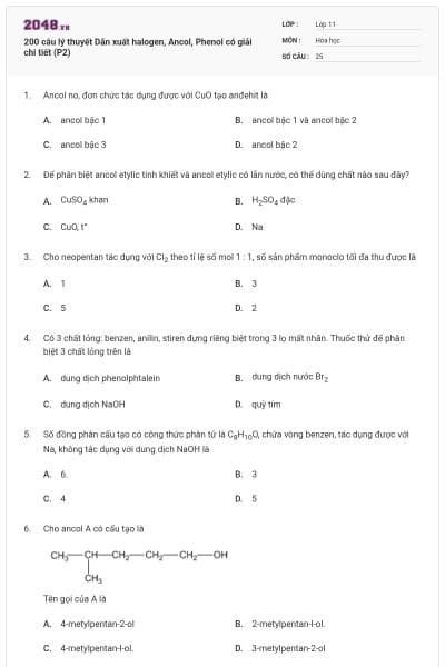 200 câu lý thuyết Dẫn xuất halogen, Ancol, Phenol có giải chi tiết (P2)