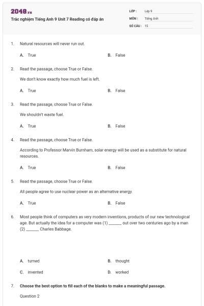 Trắc nghiệm Tiếng Anh 9 Unit 7 Reading có đáp án