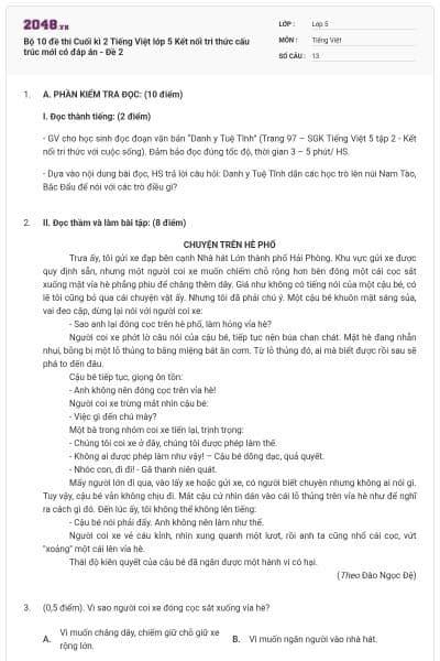 Bộ 10 đề thi Cuối kì 2 Tiếng Việt lớp 5 Kết nối tri thức cấu trúc mới có đáp án - Đề 2