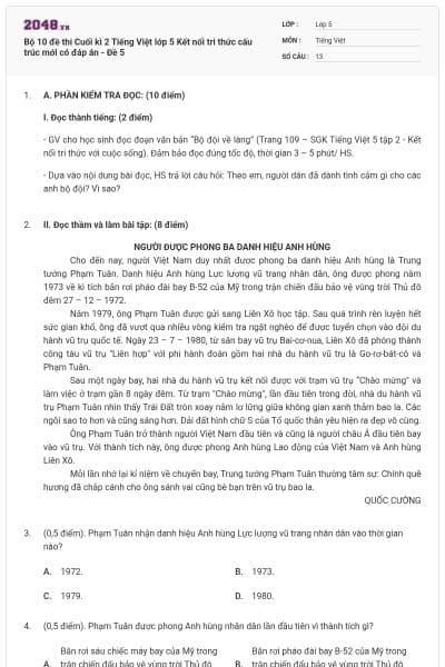 Bộ 10 đề thi Cuối kì 2 Tiếng Việt lớp 5 Kết nối tri thức cấu trúc mới có đáp án - Đề 5