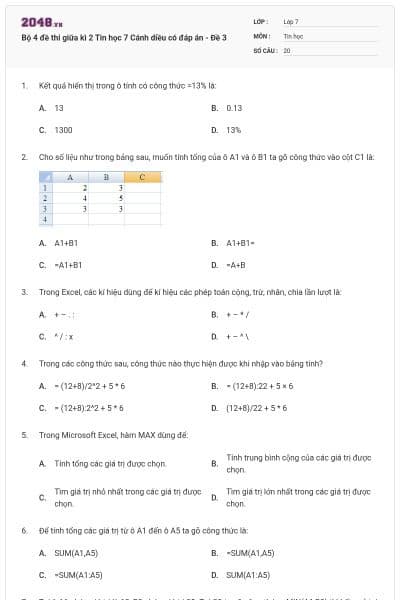 Bộ 4 đề thi giữa kì 2 Tin học 7 Cánh diều có đáp án - Đề 3