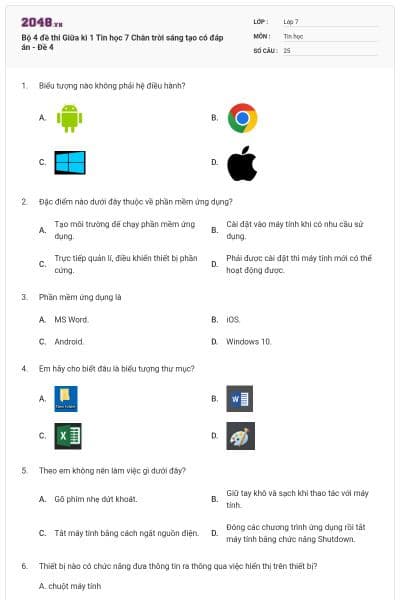 Bộ 4 đề thi Giữa kì 1 Tin học 7 Chân trời sáng tạo có đáp án - Đề 4