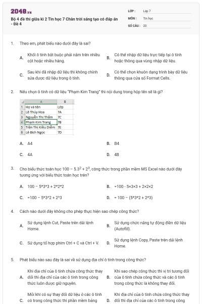 Bộ 4 đề thi giữa kì 2 Tin học 7 Chân trời sáng tạo có đáp án - Đề 4