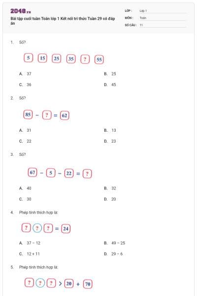 Bài tập cuối tuần Toán lớp 1 Kết nối tri thức Tuần 29 có đáp án