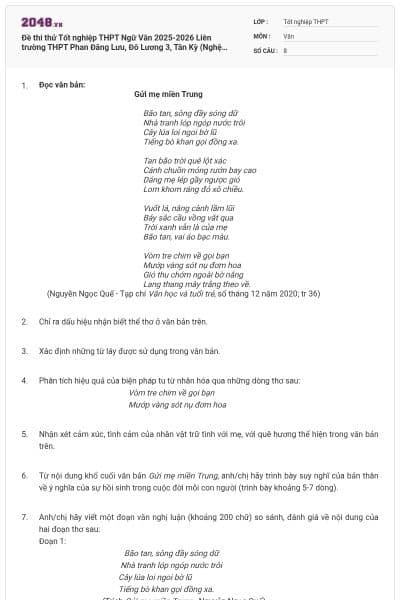 Đề thi thử Tốt nghiệp THPT Ngữ Văn 2025-2026 Liên trường THPT Phan Đăng Lưu, Đô Lương 3, Tân Kỳ (Nghệ An) lần 1 có đáp án