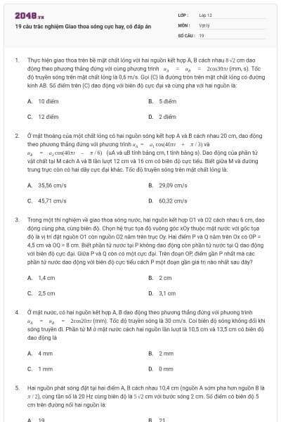 19 câu trắc nghiệm Giao thoa sóng cực hay, có đáp án