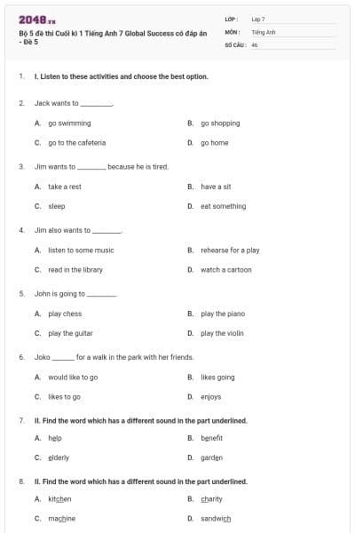 Bộ 5 đề thi Cuối kì 1 Tiếng Anh 7 Global Success có đáp án - Đề 5