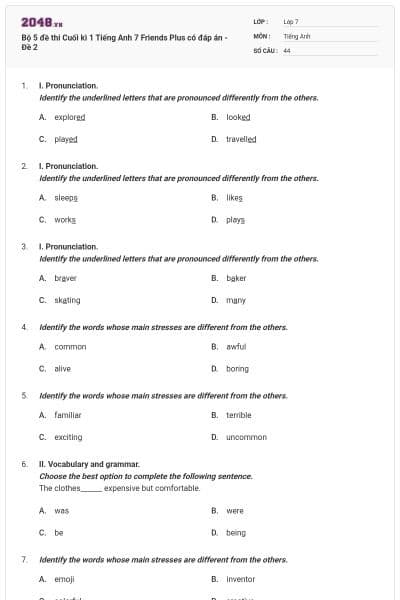 Bộ 5 đề thi Cuối kì 1 Tiếng Anh 7 Friends Plus có đáp án - Đề 2