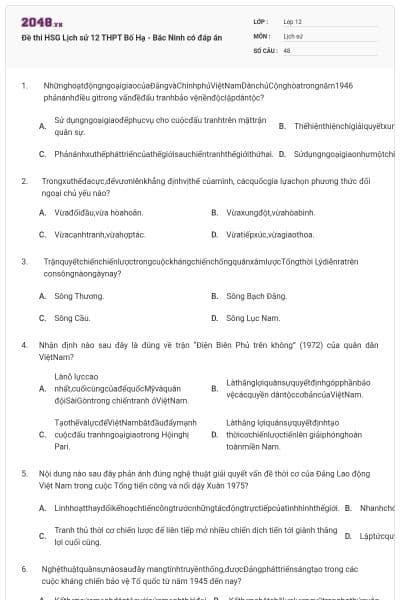Đề thi HSG Lịch sử 12 THPT Bố Hạ - Bắc Ninh có đáp án