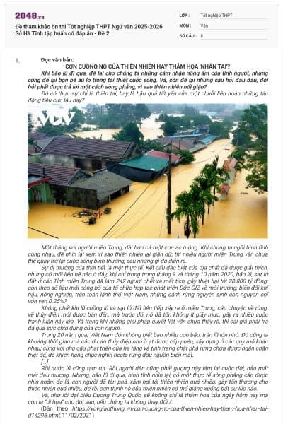 Đề tham khảo ôn thi Tốt nghiệp THPT Ngữ văn 2025-2026 Sở Hà Tĩnh tập huấn có đáp án - Đề 2