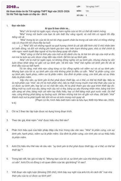 Đề tham khảo ôn thi Tốt nghiệp THPT Ngữ văn 2025-2026 Sở Hà Tĩnh tập huấn có đáp án - Đề 8