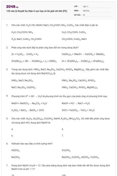 125 câu lý thuyết Sự điện li cực hay có lời giải chi tiết (P2)