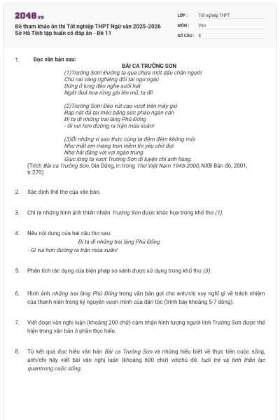 Đề tham khảo ôn thi Tốt nghiệp THPT Ngữ văn 2025-2026 Sở Hà Tĩnh tập huấn có đáp án - Đề 11