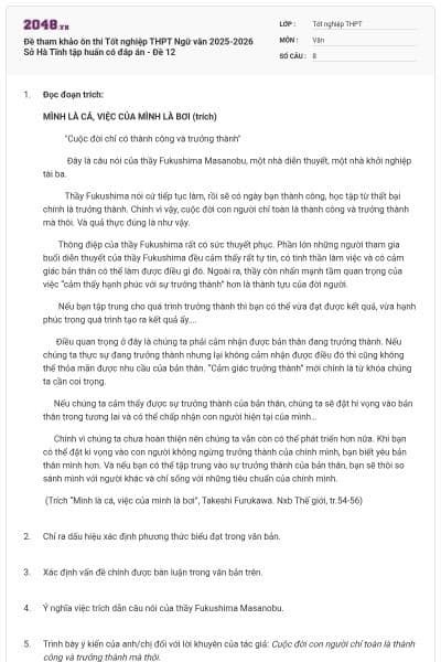 Đề tham khảo ôn thi Tốt nghiệp THPT Ngữ văn 2025-2026 Sở Hà Tĩnh tập huấn có đáp án - Đề 12