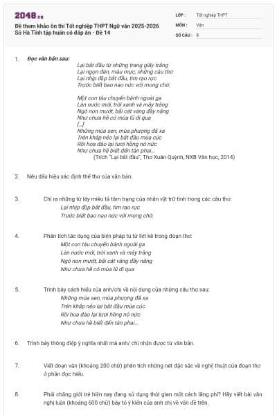Đề tham khảo ôn thi Tốt nghiệp THPT Ngữ văn 2025-2026 Sở Hà Tĩnh tập huấn có đáp án - Đề 14