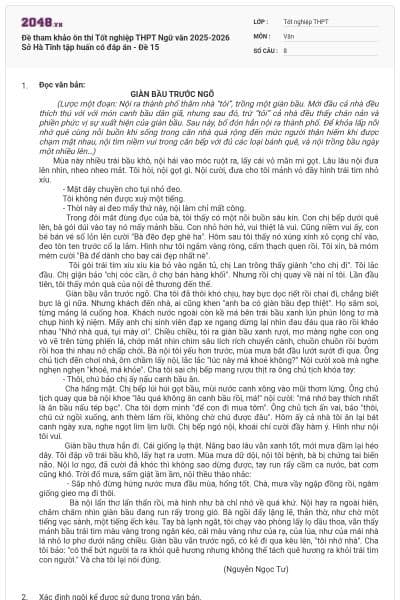 Đề tham khảo ôn thi Tốt nghiệp THPT Ngữ văn 2025-2026 Sở Hà Tĩnh tập huấn có đáp án - Đề 15