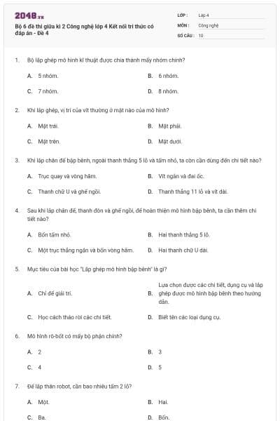Bộ 6 đề thi giữa kì 2 Công nghệ lớp 4 Kết nối tri thức có đáp án - Đề 4