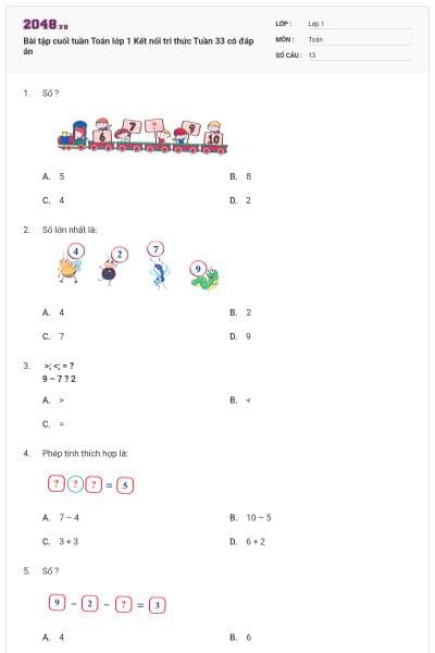 Bài tập cuối tuần Toán lớp 1 Kết nối tri thức Tuần 33 có đáp án