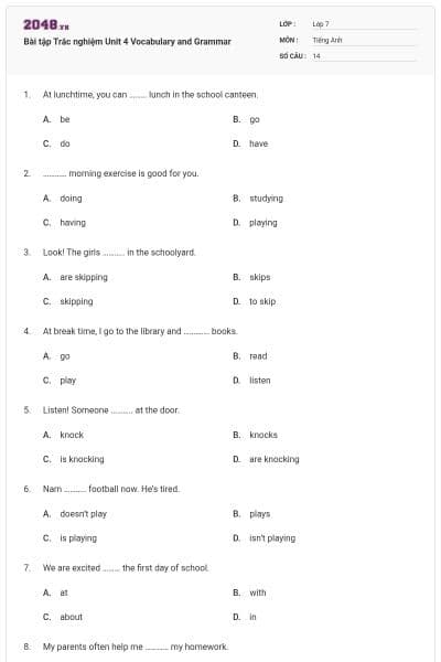 Bài tập Trắc nghiệm Unit 4 Vocabulary and Grammar